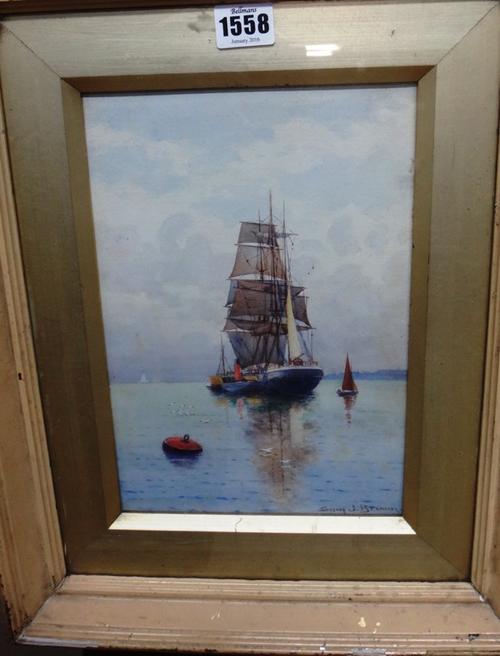 Samuel John Milton Brown (1873-1965), Masted ship and other vessels at anchor, watercolour, signed, 27cm x 18cm. DDS