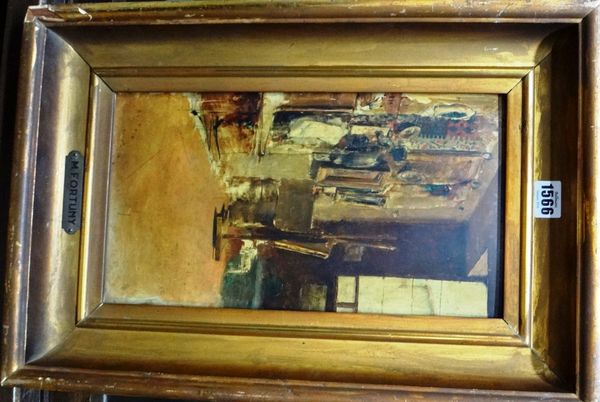 Mariano Fortuny y Carbo (1838-1874), The Artist's Shop, now the Fortuny museum, Venice, oil sketch on panel, 36cm x 20cm.