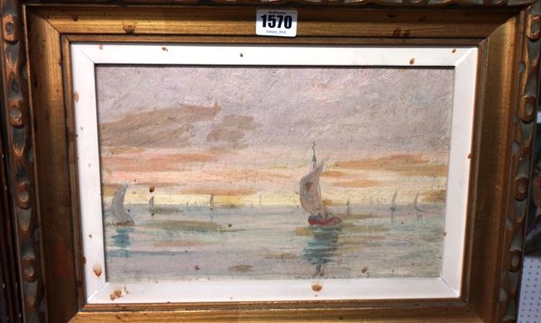 Attributed to Ricardo Urgell (1874-1924), Boats at Sunset, oil on board, 18cm x 29cm.