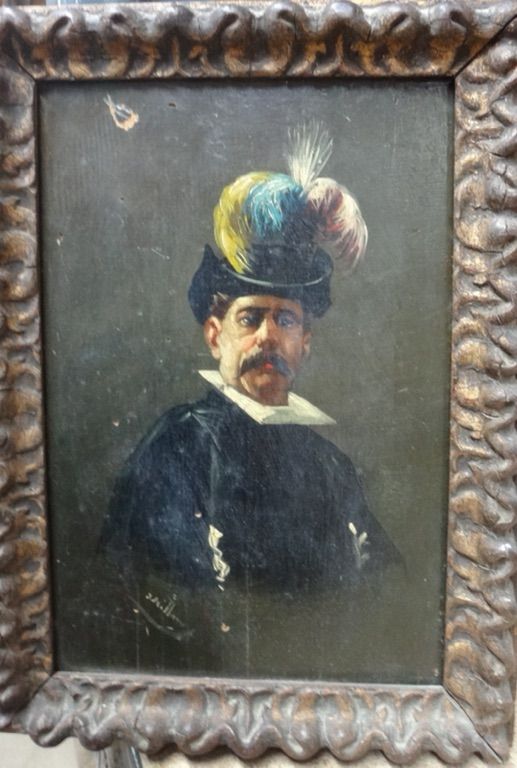 J. Millan (19th century), Portrait of a gentleman in a plumed hat, oil on panel, signed, 24cm x 15.5cm.