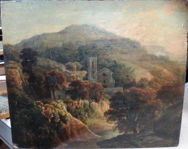 English School (19th century), Wooded landscape with church and hills beyond, oil on panel, unframed, 29cm x 34.5cm.