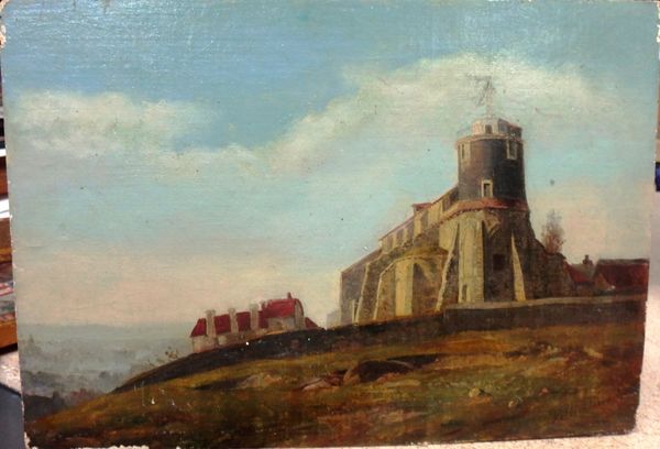 Jean Blaise Villemsens (1806-1859), A view of an observatory in a landscape, oil on canvas laid on panel, signed, unframed, 19.5cm x 28cm.