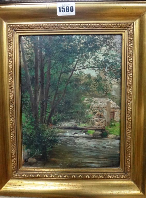 Antonio Caba (1838-1907), Riverside Cottage, oil on panel, inscribed and dated 1889 on reverse, 25cm x 19cm.