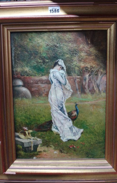 Attributed to Giovanni Boldini (1842-1931), Lady with a Peacock in Park, oil on canvas, signed, 37cm x 26cm.