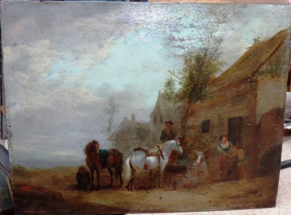 Flemish School (18th/19th century), Figures and horses before a tavern, oil on panel unframed, 20.5cm x 27cm