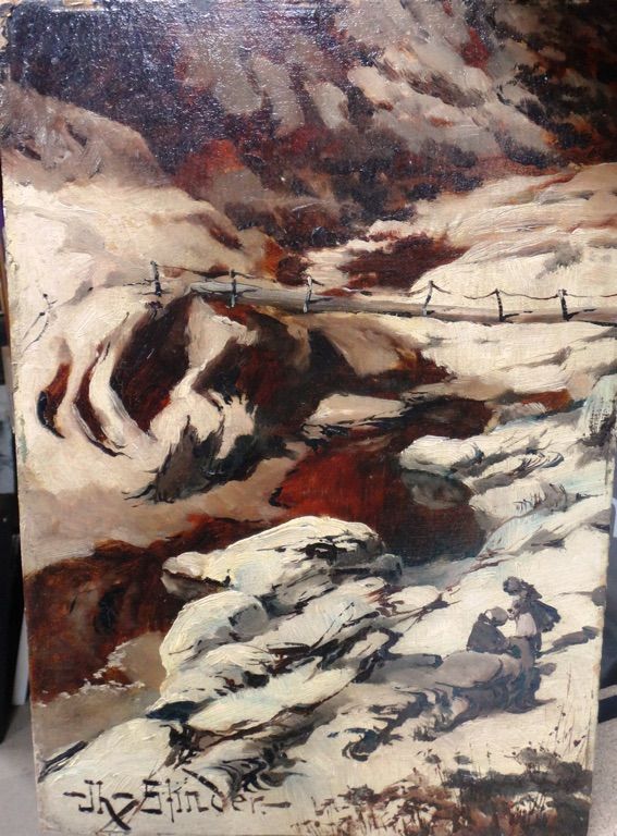Jh Slinder? (early 20th century), A winter river landscape, oil on board, unframed, 37.5cm x 26cm.