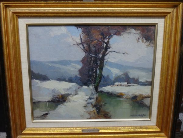Launay (20th century), Neige en Normandie, oil on canvas, signed, inscribed on stretcher, 33cm x 41cm.