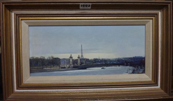 Norman Battershill (b.1922), View of Paris, oil on board, signed and inscribed on reverse, 15.5cm x 35cm. DDS