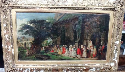 English School (19th century), Sunday School going into church, oil on canvas, 19cm x 36cm.