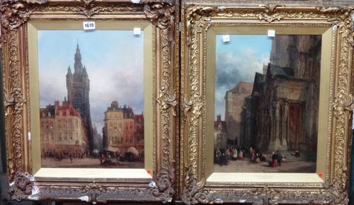 Lewis John Wood (1813-1901), Place au Marché, Douai; Portal of Chartres Cathedral, a pair, oil on board, signed, inscribed and one dated 1855 on rever