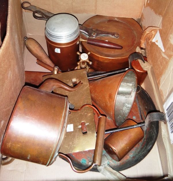 A copper frying pan, a copper lidded saucepan, a copper kettle, several brass taps and sundry copper and brass wares (qty).