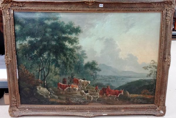 Circle of George Barrett Senior, Cattle and drover in an extensive estuary landscape, oil on canvas, 86cm x 131cm.
