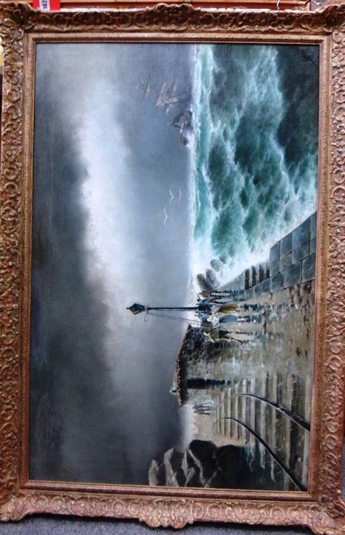 A. Montora (early 20th century), Figures on a jetty in a storm, oil on canvas, signed, 63cm x 99cm.