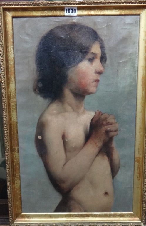 Circle of Anna Lea Merritt, A naked child, oil on canvas, 55cm x 32.5cm.