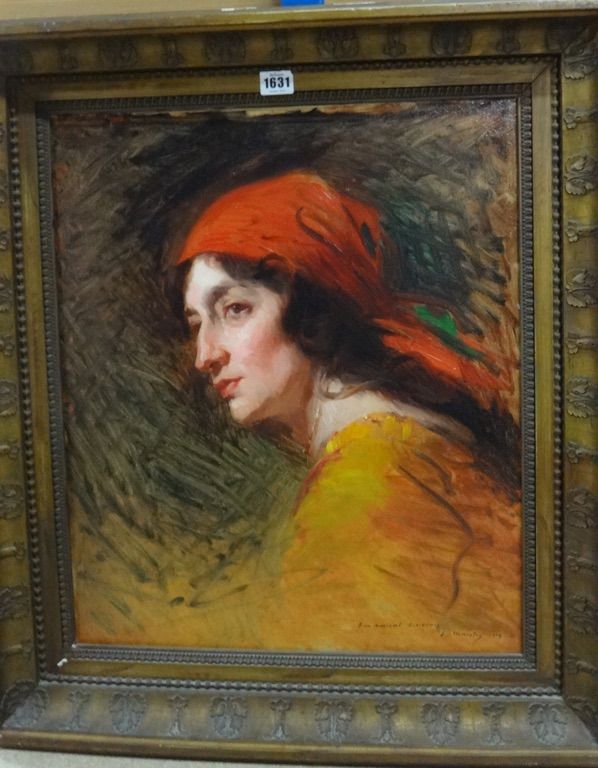 Louis Maistre (1862-?), Head study of a gypsy woman, oil on canvas, signed, inscribed and dated 1914, 54cm x 45cm.