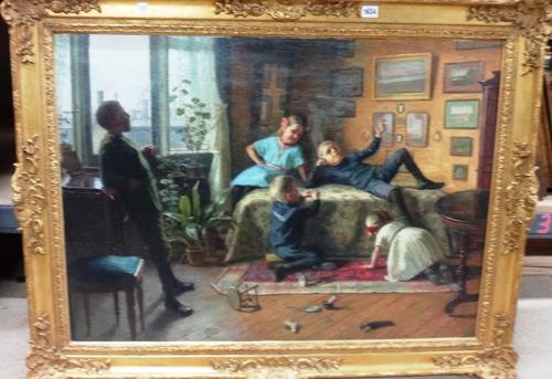 Caroline van Deurs (1860-1932), Beyond their years, oil on canvas, signed with monogram and dated 1914, 67cm x 94cm.  Illustrated