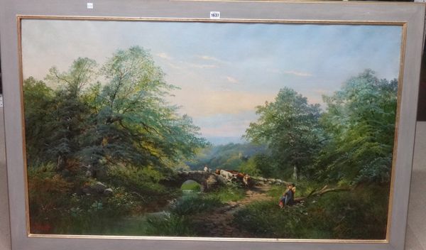 George B Yarnold (fl.1874-1876), Figures and cattle by a bridge in a wooded river landscape, oil on canvas, signed and dated 1875, 75cm x 126cm.