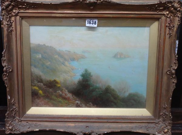 Albert Starling (fl.1878-1922), The Thatcher Rock, Torquay, oil on board, signed, inscribed on reverse, 24cm x 34cm.