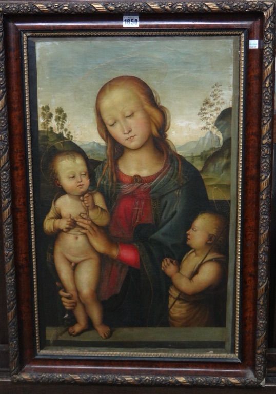 After Perugino, Madonna and child with St John the Baptist, oil on canvas, 68cm x 43cm.