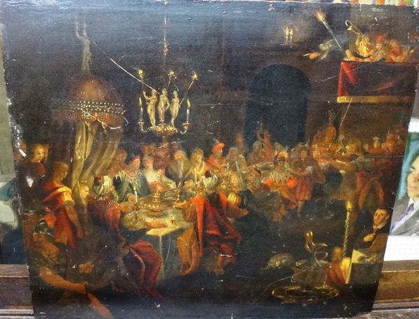 After Frans Francken II, Belshazzars Feast, oil on panel, unframed, 35cm x 39.5cm.