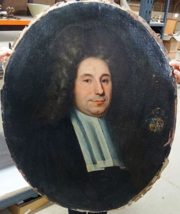 English School (18th century), Portrait of a gentleman, oil on canvas, oval, unframed and unstretched, 72cm x 58cm.