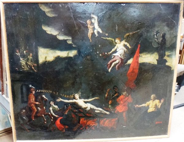 Flemish School (18th century), Religious scene a saint being burned attended by angels and other figures oil on board, 29cm x 34cm.