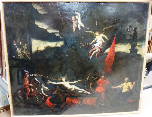 Flemish School (18th century), Religious scene a saint being burned attended by angels and other figures oil on board, 29cm x 34cm.