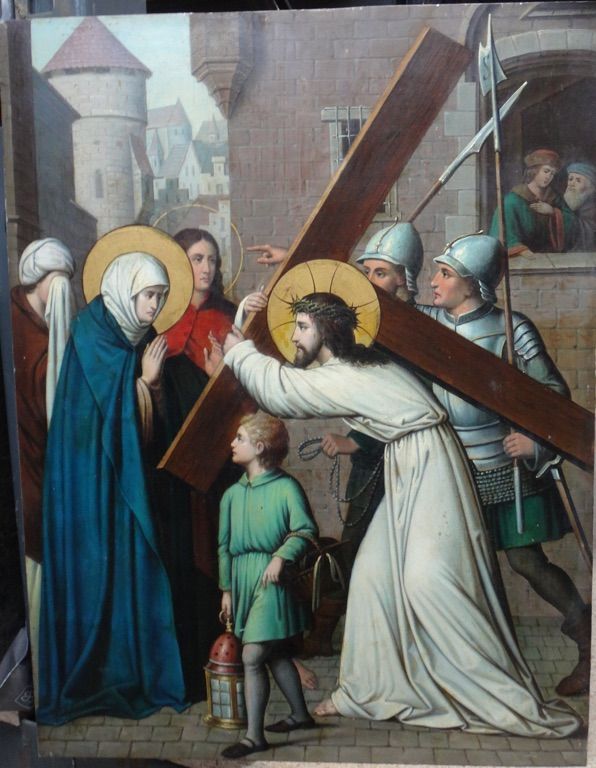 Continental School (19th century), Christ carrying the cross, oil on metal, unframed, 45cm x 34cm.