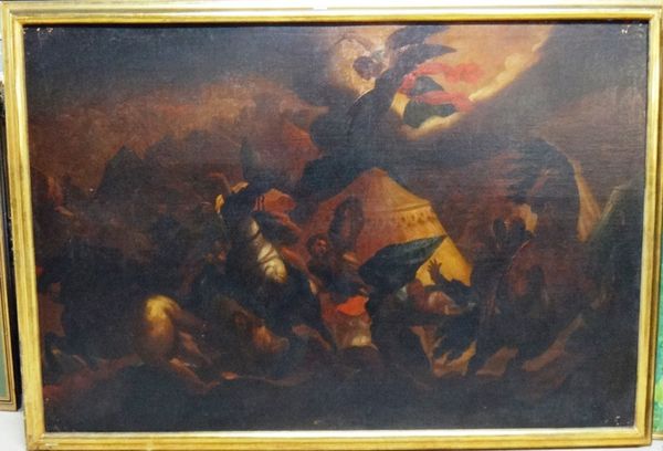 French School (17th/18th century), Battle scenes, a pair, oil on canvas, each 103cm x 154cm.(2)  Illustrated