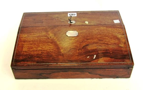 A Victorian mother of pearl inlaid rosewood writing slope with fitted interior, 36cm wide.