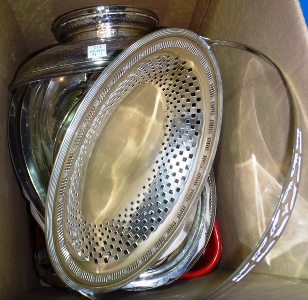 A quantity of silver plated entree dishes, a silver plated bowl, a basket and flatware.