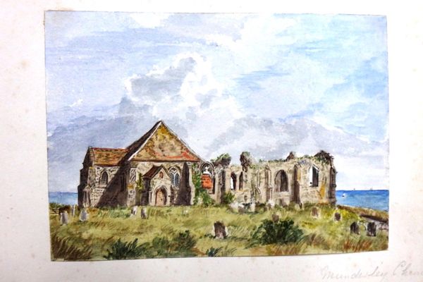 An album containing watercolour views of Mundesley Church, Eccles Church; Cromer; Sidestrand Church; Weybourne Church, Trunch Church; Northupps Church