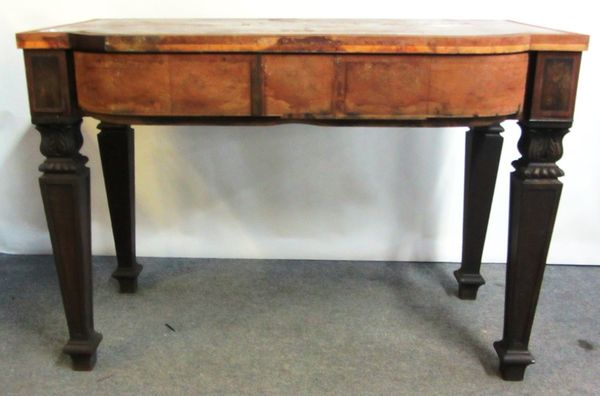 A 19th century mahogany bow front single drawer serving table, on tapering square supports, 130cm wide (a.f.).