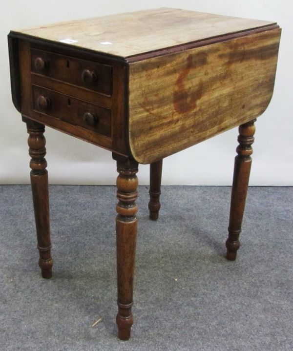 A Regency mahogany drop flap work table, with pair of frieze drawers on turned supports, 51cm wide.