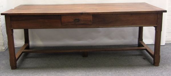 A 19th century French walnut plank top kitchen table, with two frieze drawers on canted square supports united by 'H' frame stretcher, 80cm wide x 200