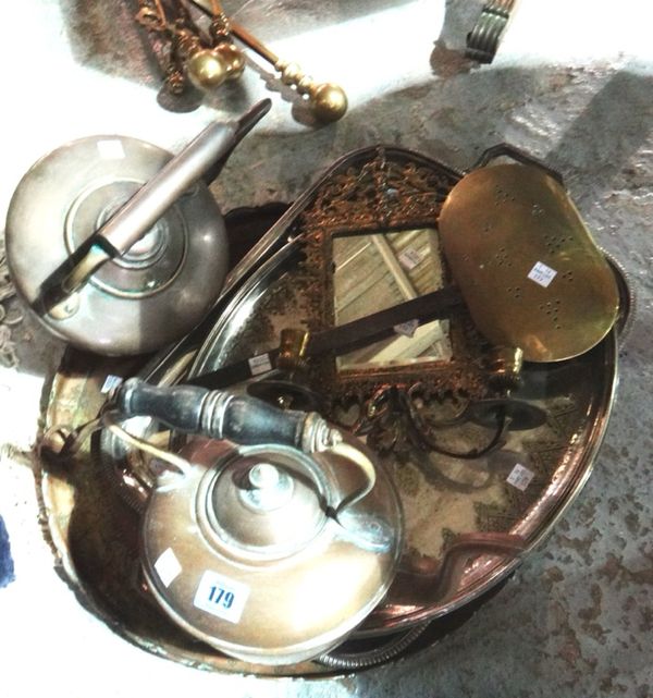 A quantity of metalware collectables, including copper, brass and silver plated trays, teapots, a warming pan and sundry.