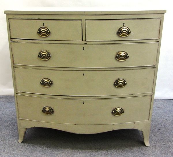 A 19th century later grey painted bow front chest of two short and three long graduated drawers, on splayed bracket feet, 107cm wide.