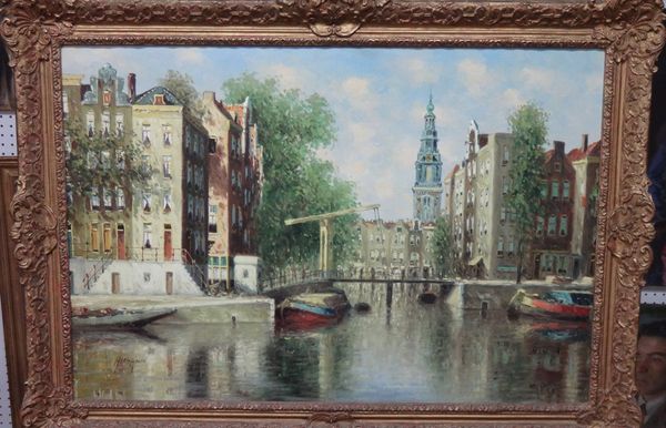 Heen Hoven (20th century), Canal scene, Amsterdam, oil on canvas, signed.