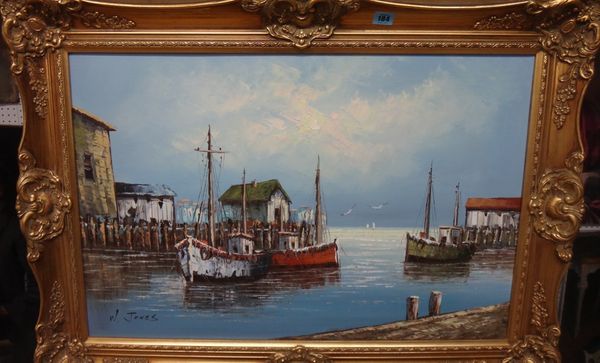 W. Jones (20th century), Harbour scene, oil on canvas, signed, together with another oil of boats by W H Stockman.(2)