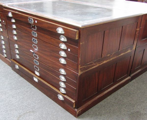 A mid 20th century mahogany two part plan chest, with tool inset leather top over ten drawers, on plinth base, 134cm wide.