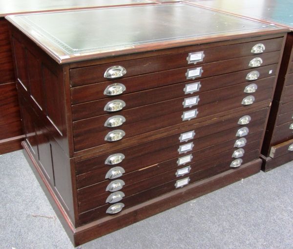 A mid 20th century mahogany two part plan chest, with tool inset leather top over ten drawers, on plinth base, 123cm wide.