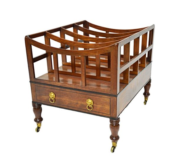 A large 19th century mahogany four division Canterbury, with concave dividers over single frieze drawer and dummy verso, on turned supports, 49cm wide