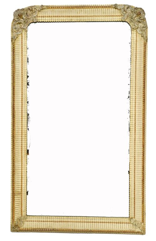 A 19th century French parcel gilt cream painted overmantel mirror, with ribbed moulded frame and shell mounted acanthus corner scrolls, 94cm wide x 15