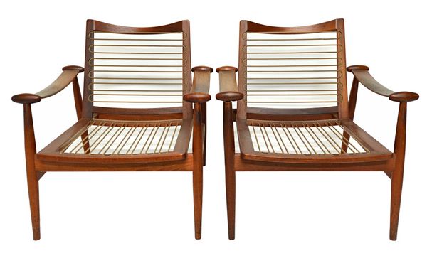Probably Finn Juhl; a set of four mid 20th century 'Spade' teak framed open arm easy chairs (a.f). Illustrated