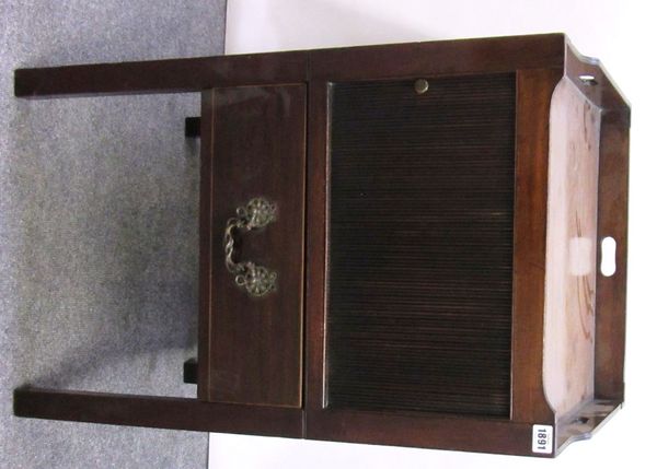 A George III mahogany tray top night commode, with tambour panel over single drawer on block supports, 48cm wide.