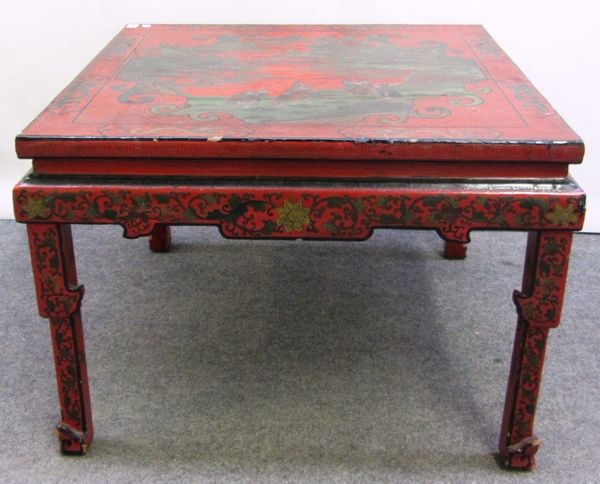 An early 20th century Chinese red lacquer chinoiserie decorated square centre table on instepped block supports, 82cm wide, together with another scar