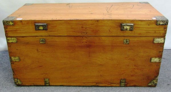 A 19th century brass bound rectangular camphor wood trunk with side carry handles, 104cm wide.