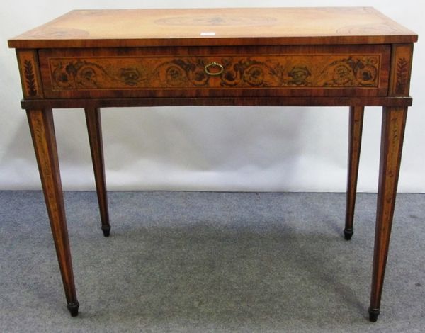 An 18th century marquetry inlaid Continental kingwood and satinwood rectangular single drawer side table, on tapering square supports, 92cm wide.