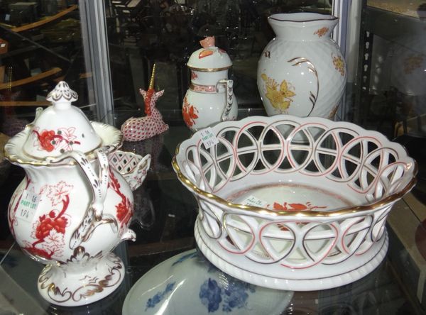 A group of 20th century Herend porcelain items, including vases, a basket, a unicorn and sundry, also a Coalport twin handled vase and cover.