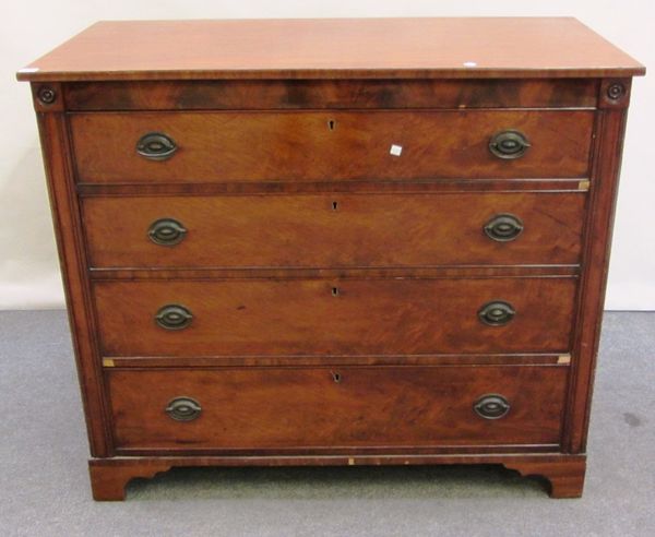 An early 19th century mahogany chest of four long graduated drawers, on bracket feet, 116cm wide.